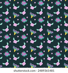 Childrens holiday pattern with confetti and cute animal. Childish birthday invitation and celebration seamless background. Cute character with unicorn horns printable design for wrapping paper, postca