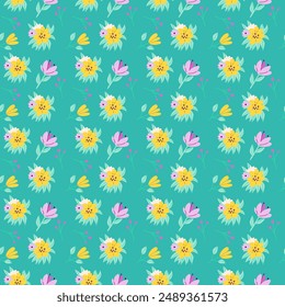 Childrens holiday pattern with confetti and cute animal. Childish birthday invitation and celebration seamless background. Cute character with unicorn horns printable design for wrapping paper, postca