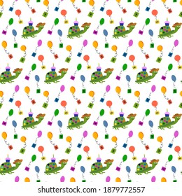 Childrens holiday pattern. The turtle goes to the birthday party with gifts, a muffin and balloons. Vector illustration isolated on white background. For gifts, packaging, scrapbooking and decor.