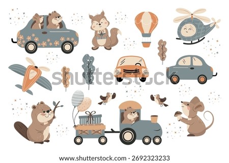 A children's holiday set with funny animals and transport. Vector design.
