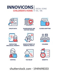 Childrens Home - Modern Line Design Style Icons. Child Data, Guardianship And Custody Bodies, Closed Adoption, Contacting Biological Parents, Reinstatement Of Parental Rights, Control, Benefits