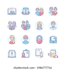 Childrens home - modern line design style icons on white background. Child care, adoption and fostering idea. School for foster parents, newborn child, new families, document preparation, legal rights