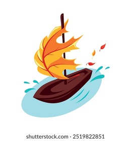 A children's homemade boat with a sail made from an autumn maple leaf floating on the water. Bright flat vector illustration on the theme of autumn and children's entertainment