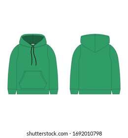 Children's hoodie in green color isolated on white background. Technical sketch hoody kids clothes. Vector fashion illustration.