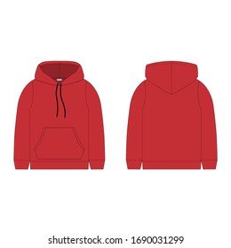 Children's hoodie in red color isolated on white background. Technical sketch hoody kids clothes. Vector fashion illustration.