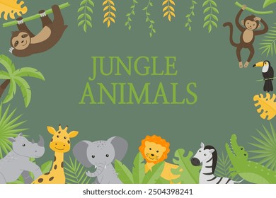 Children's horizontal background with images of wild jungle animals - giraffe, elephant, zebra, rhinoceros, toucan, monkey, sloth, lion, crocodile. Flat vector illustrations for children.