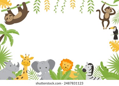 Children's horizontal frame with the image of wild jungle animals - giraffe, elephant, zebra, rhinoceros, toucan, monkey, sloth, lion, crocodile. Flat vector illustrations for children.