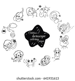 Children's horoscope coloring pages/Vector linear set of zodiac signs, sketch style