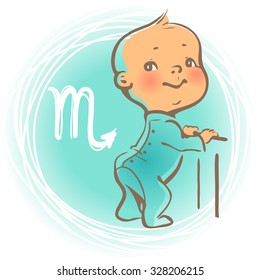 Children's horoscope icon. Kids zodiac. Cute little baby boy or girl as Scorpio astrological sign. Kid wearing jumpsuit. Colorful vector illustration. Astrological symbol as cartoon character.