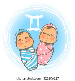 Children's horoscope icon. Kids zodiac. Cute little baby boy and  girl as Gemini astrological sign. Newborn baby  twins. Colorful vector illustration. Astrological symbol as cartoon character.