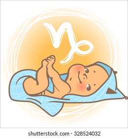 Children's horoscope icon. Kids zodiac. Cute little baby boy or girl as Capricorn astrological sign. Baby lying in the blanket. Colorful vector illustration. Astrological symbol as cartoon character.