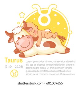 Horoskop für Kinder. Kinder zodiaktisch. Kleiner Baby Junge als Taurus astrologisches Zeichen. Baby schläft in einer großen Kuh. Farbige Vektorgrafik.  Astrologisches Symbol als Zeichentrickfigur.