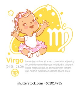 Horoskop für Kinder. Kinder zodiaktisch. Kleines kleines Mädchen als Jungfrau astrologisches Zeichen. Prinzessin blonde in rosafarbenem Tutu mit Schleife. Farbige Vektorgrafik.  Astrologisches Symbol als Zeichentrickfigur.