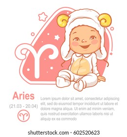 Children's horoscope icon. Kids zodiac. Cute little baby as Aries astrological sign. Funny animal costume. Colorful vector illustration with text template.  Astrological symbol as cartoon character.
