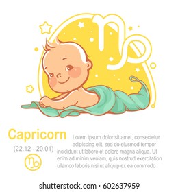 Children's horoscope icon. Kids zodiac. Cute little baby boy or girl as Capricorn astrological sign. Baby lying in the blanket. Colorful vector illustration. Astrological symbol as cartoon character.