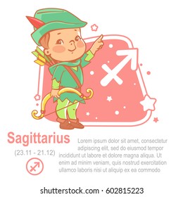 Horoskop für Kinder. Kinder zodiaktisch. Kleiner Baby als Sagittarius astrologisches Zeichen. Kind in Kostüm mit Bogen und Pfeilen. Farbige Vektorgrafik.  Astrologisches Symbol als Zeichentrickfigur.