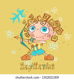 Children's horoscope icon. Zodiac for kids. Sagittarius sign . Vector. Astrological symbol as cartoon character.
