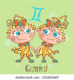 Children's horoscope icon. Zodiac for kids. Gemini sign . Vector. Astrological symbol as cartoon character.