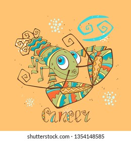 Children's horoscope icon. Zodiac for kids. Cancer sign . Vector. Astrological symbol as cartoon character.