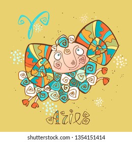 Children's horoscope icon. Zodiac for kids. Aries sign . Vector. Astrological symbol as cartoon character.