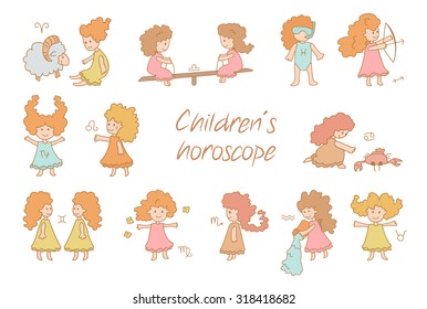 Children's horoscope. Zodiac signs. Astrology. Vector isolated illustration. Cartoon characters. 