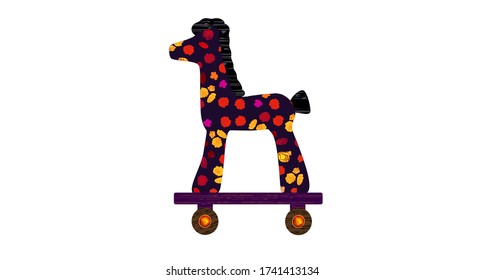 Children's horse on wheels. Toy icon. Isolated. Wooden horse. white background. Vector stock illustration. Flat. Copy space.