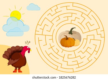 Children's Hungry turkey labyrinth game. Round maze to Help the turkey find its way through the maze to pumpkins and have lunch. Vector