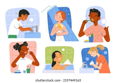 Childrens hygiene routines, small boys, girls wash in bathtub, toddler uses dental floss, kid brushes teeth, preschool children take shower and wash hands with soap, collection of vector illustrations