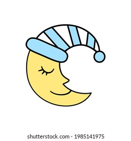 children's icon of the moon in a blue cap. healthy sleep. print for children's accessories, clothing, children's room.