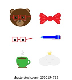 children's icon set teddy bear with glasses, pen , mug,