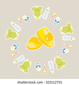 Children's icons are placed in a circle, on beige and grey background. Vector illustration.