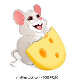  Children's illustration. Albino.  A white mouse with red eyes wants to eat a piece of cheese with big holes. Cheerful illustration of animals for children.Vector  
