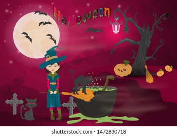 childrens illustration of all saints eve holiday, Halloween, night dark purple background with moon and scary tree vector EPS 10