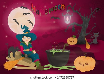 childrens illustration of all saints eve holiday, Halloween, night dark purple background with moon and scary tree vector EPS 10
