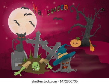 childrens illustration of all saints eve holiday, Halloween, night dark purple background with moon and scary tree vector EPS 10