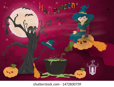 childrens illustration of all saints eve holiday, Halloween, night dark purple background with moon and scary tree vector EPS 10