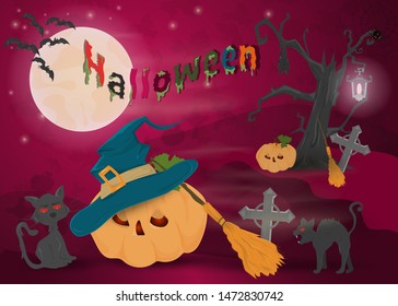childrens illustration of all saints eve holiday, Halloween, night dark purple background with moon and scary tree vector EPS 10