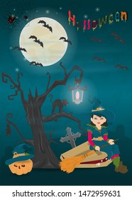 childrens illustration of all saints eve holiday, Halloween, night dark purple background with moon and scary tree vector EPS 10