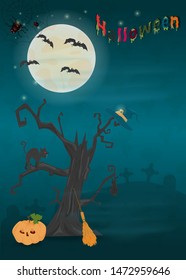 childrens illustration of all saints eve holiday, Halloween, night dark purple background with moon and scary tree vector EPS 10