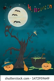 childrens illustration of all saints eve holiday, Halloween, night dark purple background with moon and scary tree vector EPS 10