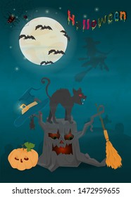 childrens illustration of all saints eve holiday, Halloween, night dark purple background with moon and scary tree vector EPS 10