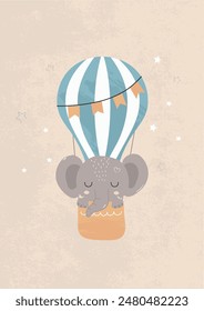 Children's illustration, animals little elephant on a balloon. For posters for children's room, postcards, banners. Vector