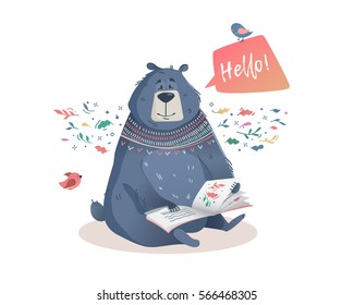 Children's illustration of a bear with a book of fairy tales. Character of the bear to print on a T-shirt, flyer, poster, cover, book, printed on fabric. Vector illustration 