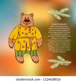 Children's illustration of a bear, a Character of Russian folk tales. Animated bear in folk clothes for printing on t-shirt, flyer, poster, cover, book printed on fabric. Hand drawing in cartoon style