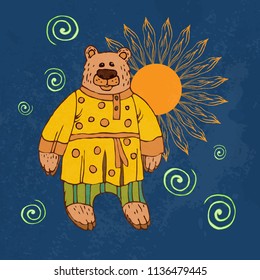 Children's illustration of a bear, a Character of Russian folk tales. Animated bear in folk clothes for printing on t-shirt, flyer, poster, cover, book printed on fabric. Hand drawing in cartoon style