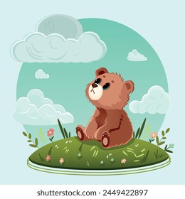 Ilustración infantil de un cachorro de oso en la hierba mirando a las nubes