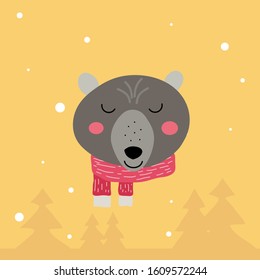 Children's illustration with a bear in a winter forest