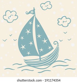 children's illustration beautiful silhouette of a travel ship