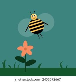 children's illustration of a bee flying over a green meadow and a bright flower