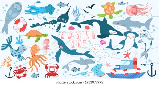 Children's illustration of a bigset with marine life in black and white, color and linear version on a white background. For a children's magazine, postcards, educational toys, coloring pages